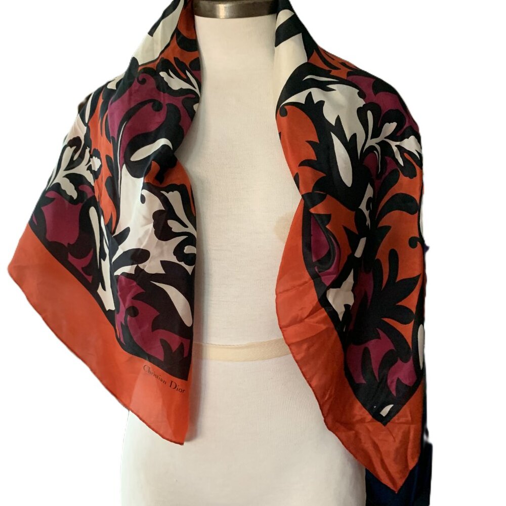CHRISTIAN DIOR WRAP SCARF SHAWL 100% SILK MULTI-COLORED 34" BY 34" VINTAGE - Picture 2 of 6
